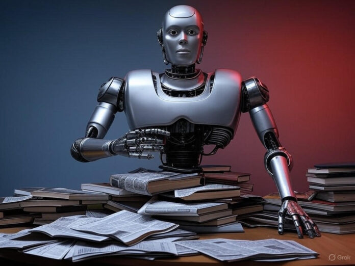 Uma imagem que representa um conflito entre um gigante tecnológico (simbolizado por um robô ou logotipo do Google) e pequenas editoras (representadas por livros ou jornais). O robô está no centro, com um braço estendido sobre os livros, simbolizando o domínio. O fundo apresenta tons de azul e vermelho para contrastar os lados do conflito.