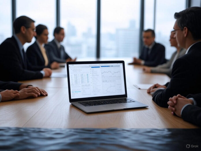 Uma sala de reunião moderna com executivos discutindo gráficos e dados em telas digitais, representando a adoção de IA em empresas. A imagem deve transmitir inovação e colaboração, com foco central em um laptop exibindo um dashboard de análise de dados.