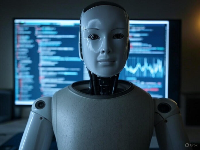 Uma imagem futurista de um robô de IA (Grok) com um fundo de tela de computador exibindo códigos e gráficos, simbolizando inteligência artificial e tecnologia. O robô está centralizado, com expressão neutra, refletindo a dualidade entre avanço tecnológico e controvérsia.