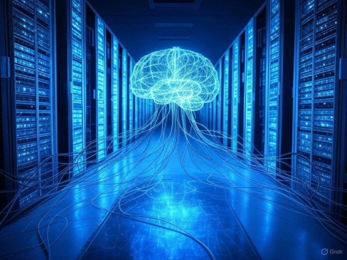 Uma representação futurista de um data center moderno, com luzes azuis brilhantes e servidores em fileiras intermináveis, simbolizando o poder da infraestrutura de IA. No centro, um holograma de um cérebro digital conectado a cabos de rede, destacando a fusão entre tecnologia e inteligência artificial.