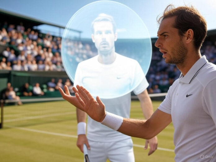 Uma cena de tênis em Wimbledon, com uma bola de tênis pairando sobre a linha da quadra, enquanto um jogador olha perplexo para um grande holograma de IA projetado no ar, mostrando uma decisão controversa. O fundo inclui a grama icônica de Wimbledon e espectadores confusos nas arquibancadas.
