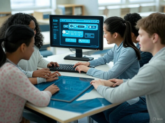 Uma imagem ilustrativa de um grupo de estudantes interagindo com um chatbot em uma tela de computador, representando o recurso 