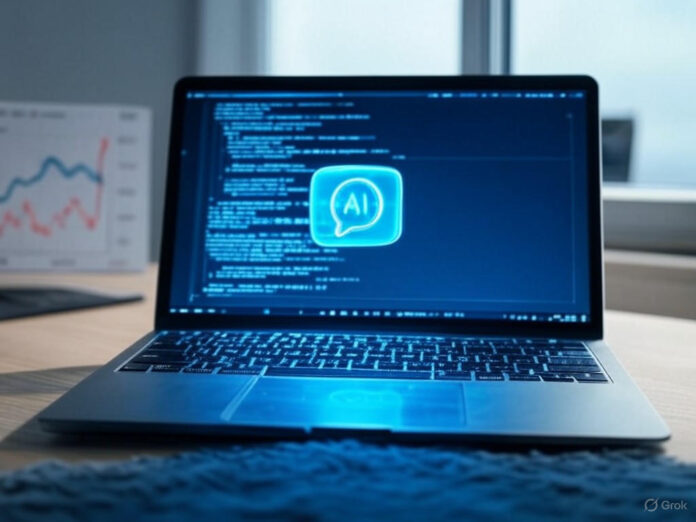 Uma imagem centralizada mostrando um laptop com código de programação na tela, simbolizando o ambiente de desenvolvimento do Cursor, com um holograma de IA flutuando acima do teclado, representando a integração de inteligência artificial. Ao fundo, um gráfico de custos subindo, indicando a mudança nos preços.