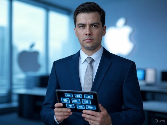Um executivo de tecnologia vestindo traje formal segurando um tablet com ícones de inteligência artificial, ao fundo, logotipos da Apple e do Meta desfocados, representando a transição de carreira. Cenário moderno e futurista, com tons de azul e prata.