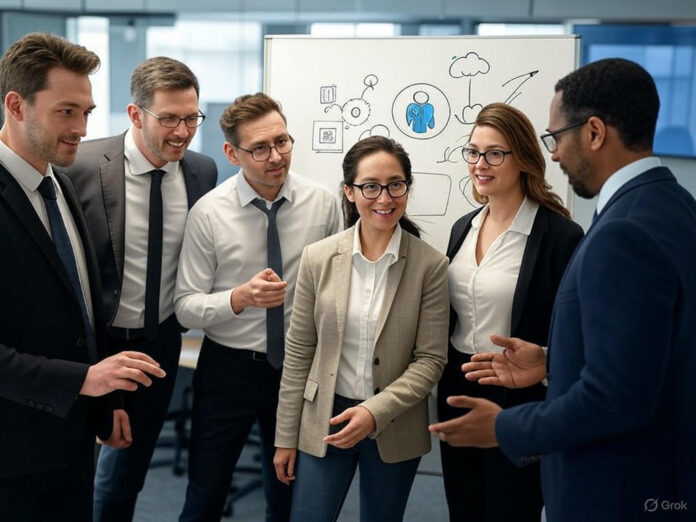 Uma equipe diversificada colaborando em um quadro branco digital, com ícones de IA e gráficos de inovação ao fundo, representando a sinergia entre tecnologia e trabalho em equipe. O ambiente é moderno e inspirador, com foco central na interação humana e ferramentas digitais.
