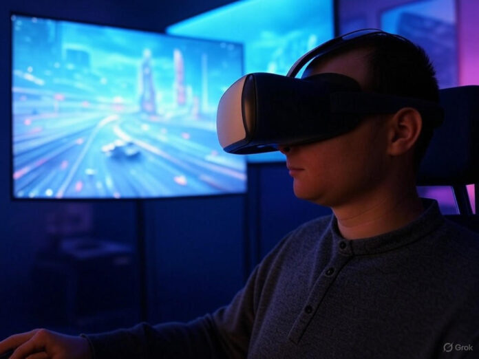 Uma cena futurista de um estúdio de filmagem virtual, onde um cineasta utiliza um computador para controlar uma cena 3D gerada por inteligência artificial, exibindo personagens e cenários dinâmicos. A imagem deve transmitir inovação e criatividade, com tons de azul e roxo para destacar a tecnologia avançada.