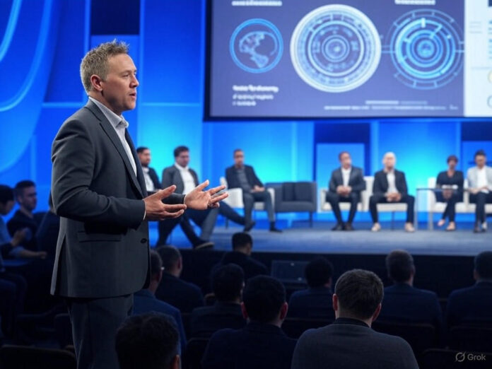 Um palco moderno em um grande evento de tecnologia, com Alex Kendall, CEO da Wayve, falando para uma plateia de líderes de startups e investidores. Ele está ao lado de um painel de discussão sobre inteligência artificial e veículos autônomos, com telas ao fundo mostrando gráficos de aprendizado profundo e visão computacional. O ambiente é futurista, com iluminação azul e tons de tecnologia.