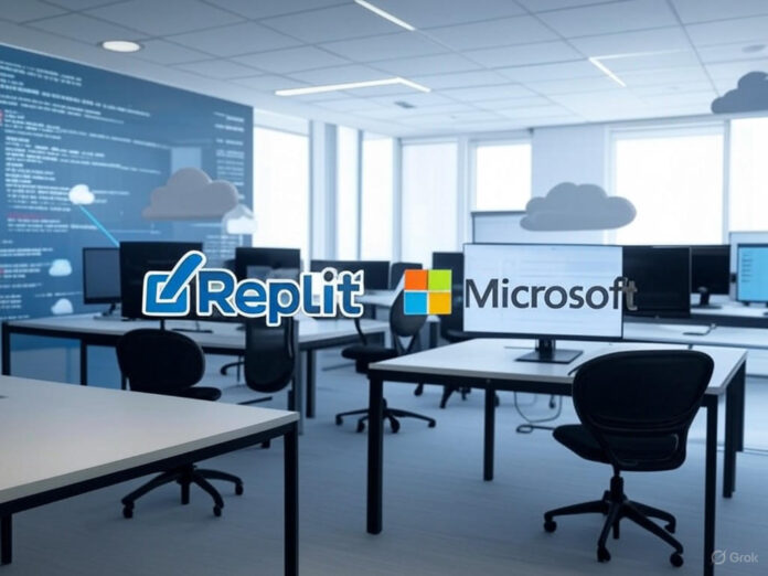 Uma imagem futurista que representa a colaboração entre duas grandes empresas de tecnologia, com ícones de nuvem, códigos de programação flutuando e uma interface de usuário simplificada para desenvolvimento de aplicativos. No centro, os logotipos da Replit e da Microsoft estão destacados, simbolizando a parceria estratégica.