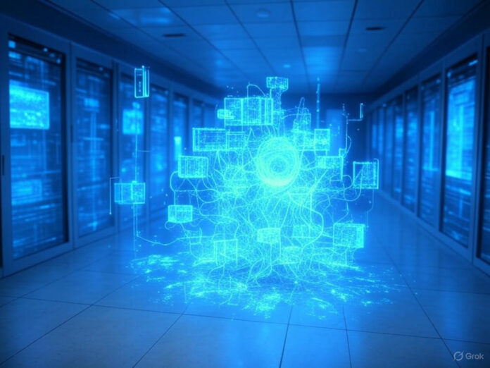 Uma ilustração futurista de um data center de IA com hologramas de circuitos e redes neurais, simbolizando a inovação da Mistral AI. No fundo, a bandeira da França e elementos que remetem à tecnologia avançada, com tons azuis e prateados.