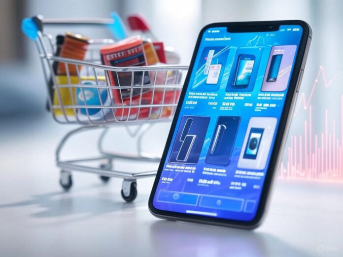 Uma imagem futurista de um smartphone com uma interface de IA generativa exibindo recomendações de produtos e descontos durante o Prime Day. Ao fundo, um carrinho de compras digital repleto de itens e gráficos de crescimento exponencial, simbolizando o impacto da IA no e-commerce. Cores vibrantes e um design moderno.