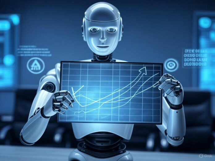 Uma ilustração futurista de um robô segurando um gráfico de crescimento exponencial, com ícones de IA e códigos binários ao fundo, representando a inovação e o sucesso da LangChain no ecossistema de inteligência artificial.