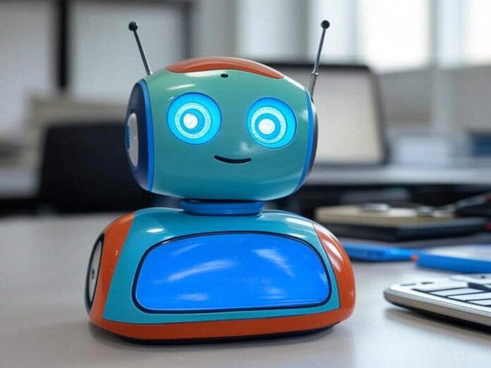 Um robô de mesa pequeno e fofo, com duas telas brilhantes como olhos e antenas, montado em um ambiente de trabalho moderno com um laptop e ferramentas de programação ao fundo. O robô está centralizado, com cores vibrantes e um design amigável, destacando sua natureza acessível e inovadora.