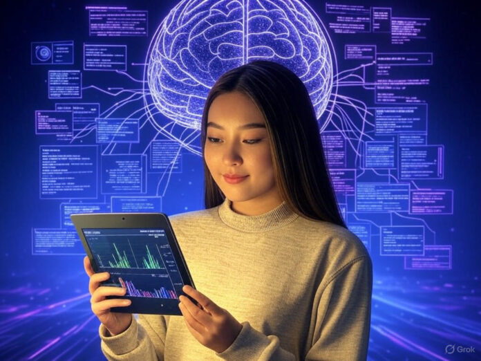 Uma ilustração futurista de um cérebro digital conectado a um banco de dados, com linhas de código e gráficos flutuando ao redor, simbolizando a recuperação de dados em IA. No centro, uma mulher jovem, representando Ghita Houir Alami, segurando um tablet com gráficos de desempenho. Fundo em tons de azul e roxo, transmitindo inovação e tecnologia.