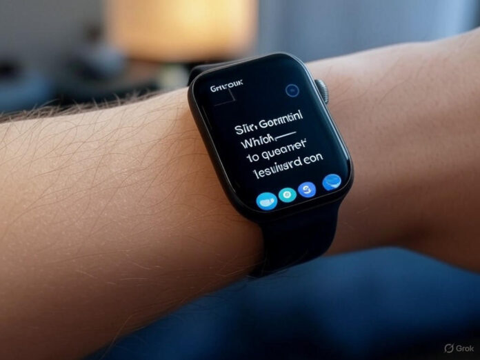 Um relógio inteligente moderno com tela exibindo a interface do Gemini, destacando um assistente de IA respondendo a uma pergunta do usuário. Ao fundo, elementos de busca e ícones de aplicativos, em um estilo futurista e minimalista.