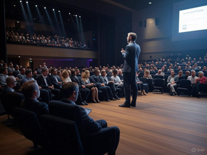 Um auditório moderno e lotado, com um palco iluminado e telões exibindo slides sobre startups e tecnologia. Pessoas vestidas de forma profissional estão sentadas em cadeiras, ouvindo atentamente um palestrante no palco, enquanto outras interagem em mesas de networking ao fundo. O ambiente transmite inovação e conexão.