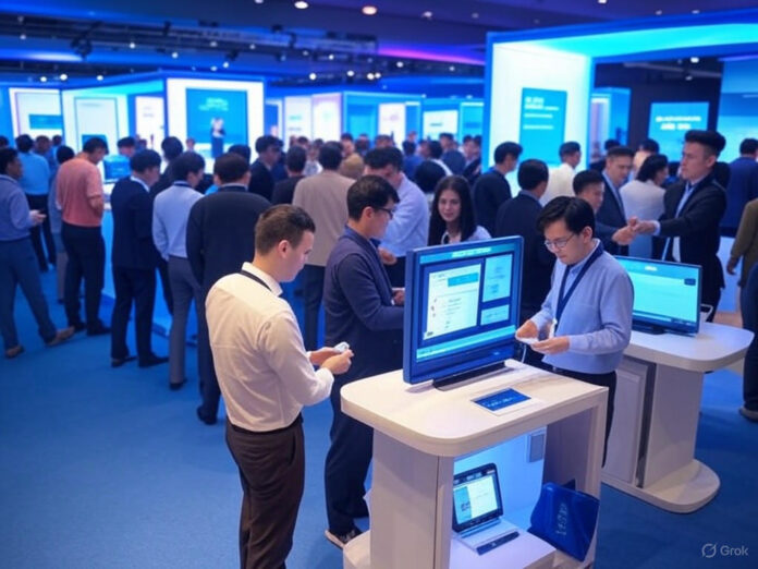 Uma movimentada feira de tecnologia em um grande centro de convenções, com startups exibindo seus produtos em mesas de exposição, pessoas interagindo e trocando cartões de visita, e um palco ao fundo com apresentações. O ambiente deve transmitir inovação e networking, com cores vibrantes e luzes modernas.