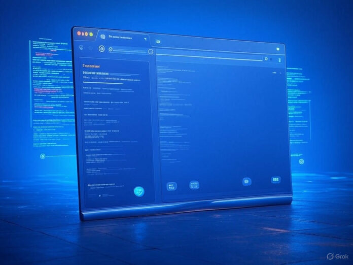 Uma ilustração futurista de um navegador da web com elementos de IA, como ícones de assistente virtual e linhas de código flutuantes, centralizado em um fundo azul tecnológico. O navegador está aberto, exibindo uma interface limpa e moderna, com destaque para a barra lateral do Comet Assistant.