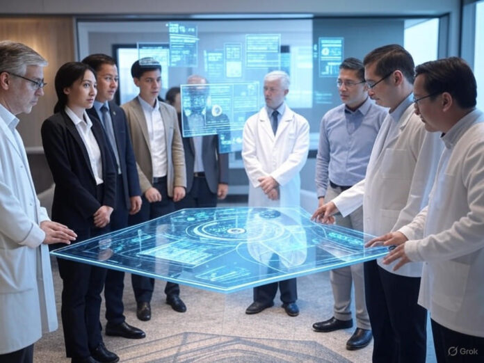 Uma imagem futurista que retrata especialistas de diversas áreas (medicina, finanças, matemática) colaborando com uma plataforma de IA em um ambiente moderno e tecnológico, com gráficos e dados flutuando ao fundo. O foco central é a interação humana com a tecnologia, destacando a importância da expertise.