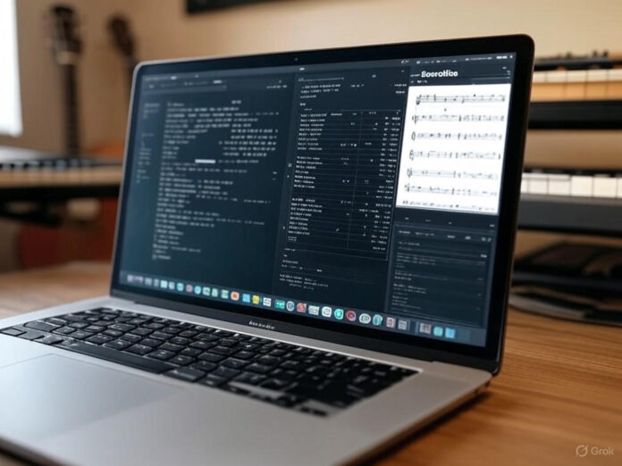 Uma imagem centralizada mostrando um laptop aberto com uma tela dividida: de um lado, uma sessão do ChatGPT exibindo notações musicais em ASCII; do outro, a interface do Soundslice com partituras interativas. Ao fundo, um violão e um teclado musical, simbolizando a fusão entre tecnologia e música.