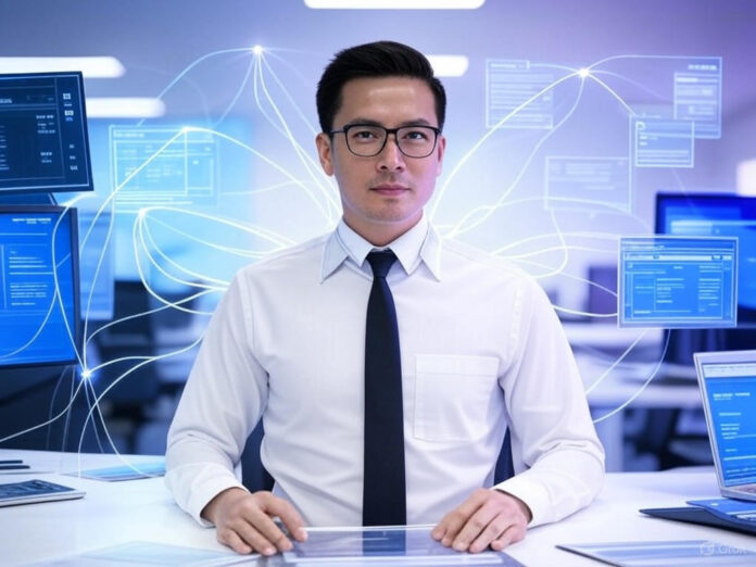 Uma representação futurista de um agente de IA centralizado, conectado a múltiplas ferramentas de trabalho (como calendários, bancos de dados e e-mails) em um ambiente corporativo moderno. O agente é visualizado como uma entidade digital brilhante, com linhas de conexão dinâmicas simbolizando automação e eficiência. O fundo em tons de azul e roxo transmite inovação e tecnologia avançada.
