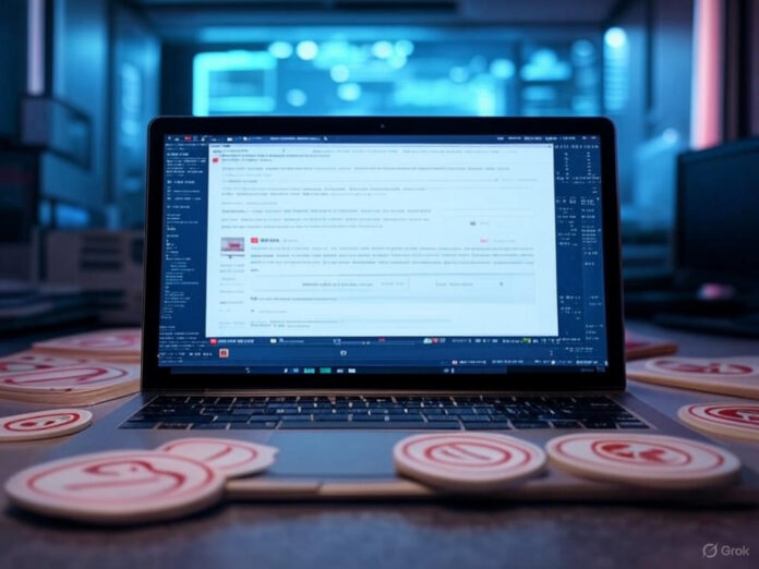 Uma imagem centralizada mostrando um laptop aberto com a tela do YouTube exibindo um alerta de política atualizada, ao redor, ícones de IA e símbolos de proibição, em um fundo futurista e tecnológico.
