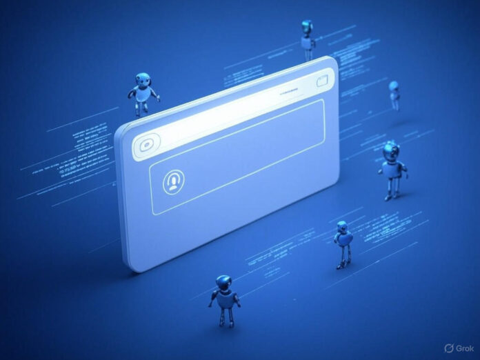 Uma ilustração futurista de um navegador de internet com elementos de IA, como ícones de robôs e linhas de código flutuantes, centralizado em um fundo azul tecnológico. O navegador está aberto em uma tela com uma barra de busca destacada e um assistente virtual aparecendo ao lado.