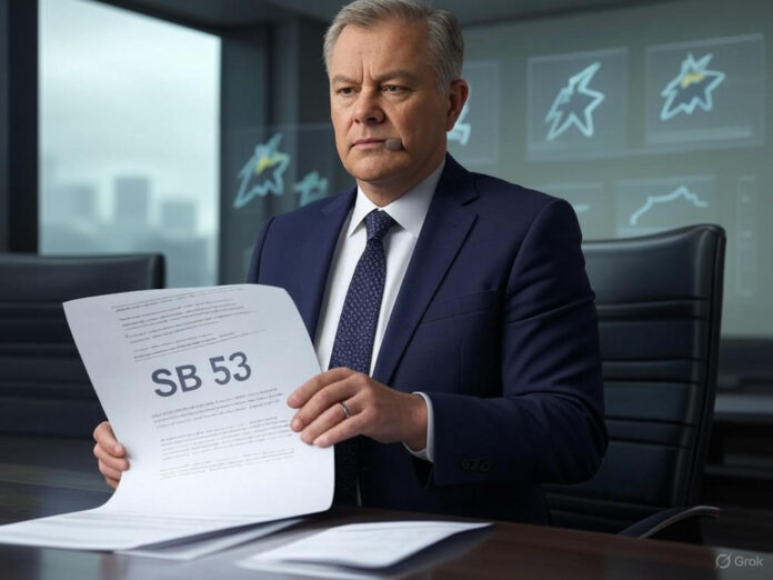 Uma ilustração futurista de um senador apresentando um documento de lei em uma sala de reuniões moderna, com hologramas de ícones de segurança de IA e gráficos de transparência ao fundo. O foco central é o documento com o título 