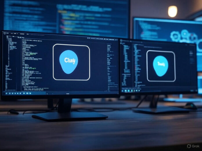 Uma ilustração futurista mostrando duas telas de computador lado a lado: uma com um ícone de 