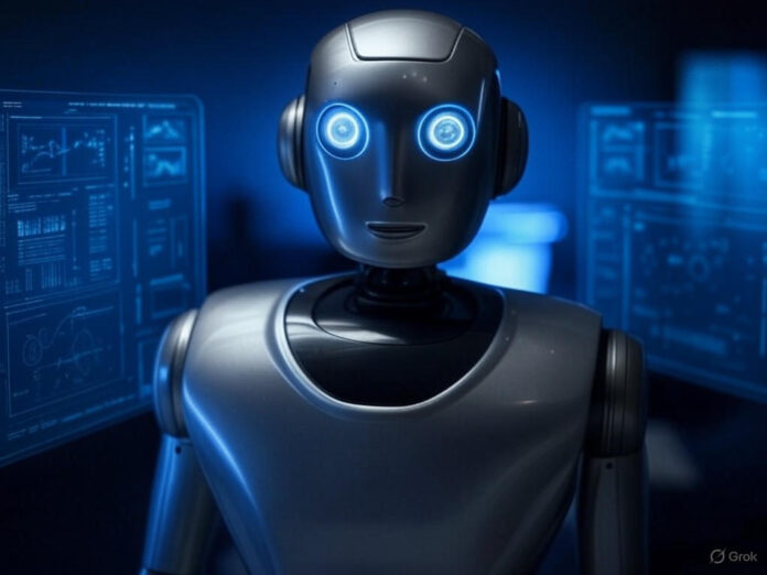 Uma imagem futurista de um robô com um design moderno e brilhante, representando a inteligência artificial Grok 4, em um fundo azul tecnológico. O robô está centralizado, com hologramas de dados e gráficos ao redor, simbolizando sua capacidade avançada de processamento e análise.