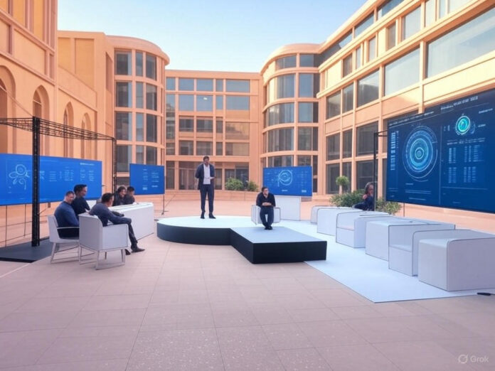 Uma imagem futurista representando o lançamento de ferramentas de IA pelo Google na Índia, com elementos como robôs, gráficos de dados e anúncios digitais em um cenário urbano indiano, destacando tecnologia e inovação.
