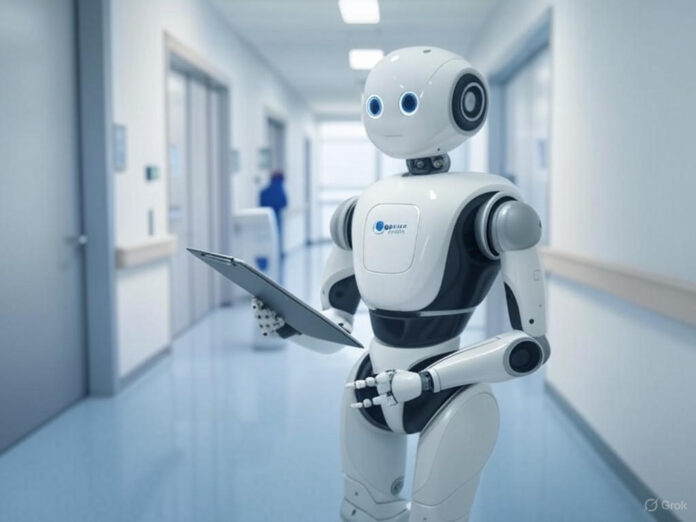 Um robô humanoide Moxi da Diligent Robotics realizando tarefas em um corredor de hospital, com profissionais de saúde ao fundo, em um ambiente limpo e moderno. O robô está segurando um objeto e interagindo de forma autônoma, destacando a tecnologia avançada e a integração no ambiente médico.