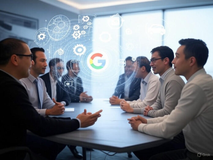 Uma imagem futurista representando um grupo diversificado de empreendedores em uma sala de reunião virtual, com hologramas de gráficos e ícones de IA flutuando ao redor. No centro, um logotipo do Google e símbolos de infraestrutura, como engrenagens, redes e veículos autônomos, destacando o tema de inovação em inteligência artificial.