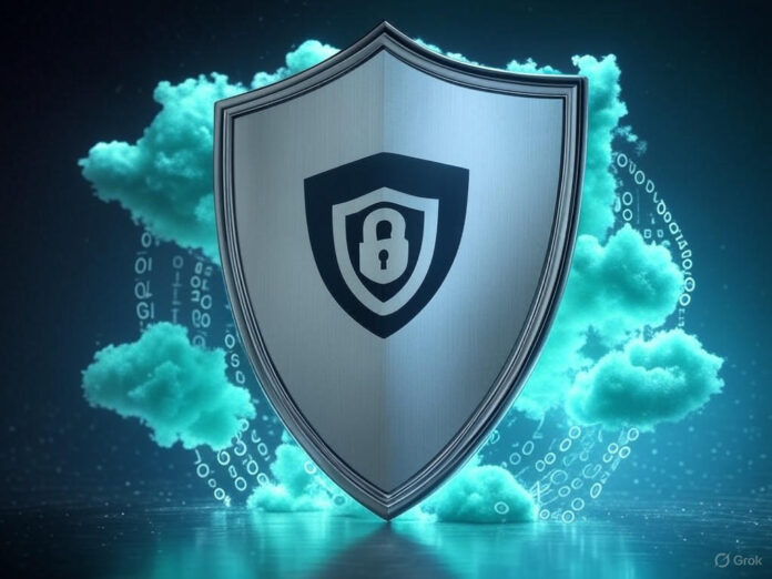 Uma imagem futurista de um escudo de segurança digital com o símbolo do FedRAMP no centro, cercado por códigos binários e nuvens de dados, representando a proteção e conformidade em ambientes de nuvem governamental.