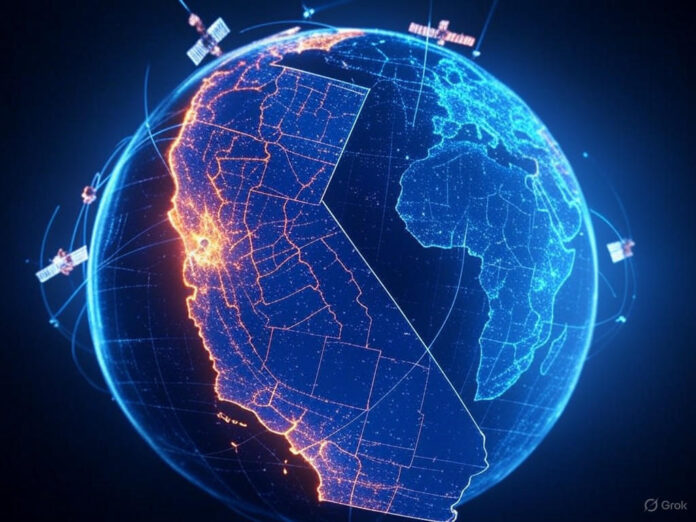 Uma imagem futurista de um globo terrestre digital, cercado por linhas de dados e satélites em órbita, com destaque para um mapa da Califórnia mostrando barreiras contra incêndios em cores vibrantes. A cena deve transmitir tecnologia avançada e inovação, com um design limpo e moderno.