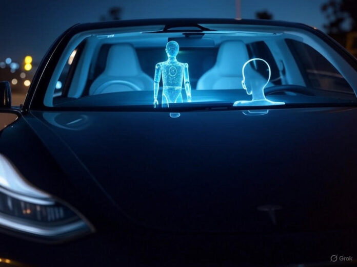 Uma imagem futurista de um carro Tesla com um holograma do assistente de IA Grok flutuando no painel, representando a integração da inteligência artificial no veículo. O cenário é noturno, com luzes azuis e verdes destacando a tecnologia avançada.