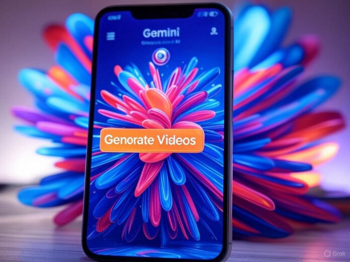 Uma tela de smartphone exibindo o aplicativo Gemini com a opção de gerar vídeos a partir de imagens em destaque. Ao fundo, um vídeo está sendo criado com elementos visuais dinâmicos e cores vibrantes, representando a tecnologia de IA.