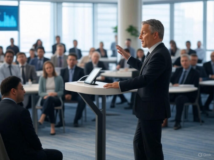 Uma sala de conferências moderna e lotada, com palestrantes no palco e participantes engajados em uma discussão sobre startups. O ambiente é vibrante, com telas exibindo gráficos e dados, e pessoas interagindo em mesas-redondas. O foco central é um palestrante gesticulando enquanto fala para a plateia.