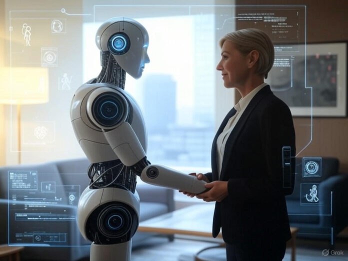 Uma imagem futurista que representa a interseção entre tecnologia e humanidade, com um robô e um ser humano se cumprimentando em um ambiente harmonioso, simbolizando a colaboração entre IA e valores humanos. O cenário deve incluir elementos como gráficos de dados, ícones de bem-estar e uma aura de luz suave, transmitindo esperança e progresso.