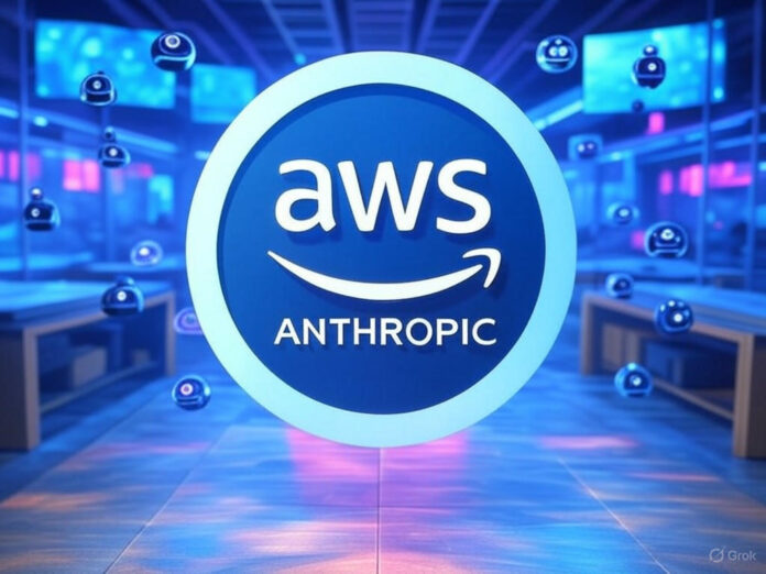 Uma imagem futurista representando um mercado digital de agentes de IA, com ícones de robôs e algoritmos flutuando em um ambiente high-tech. No centro, um logotipo da AWS e da Anthropic, destacando a parceria. Cores vibrantes e tons de azul e roxo para transmitir inovação.