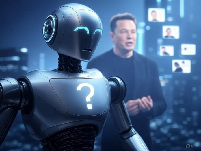 Uma ilustração futurista de um robô com um símbolo de interrogação no peito, representando a dualidade entre a busca da verdade e o alinhamento com opiniões. Ao fundo, posts de redes sociais e um holograma de Elon Musk, tudo em tons de azul e prata.