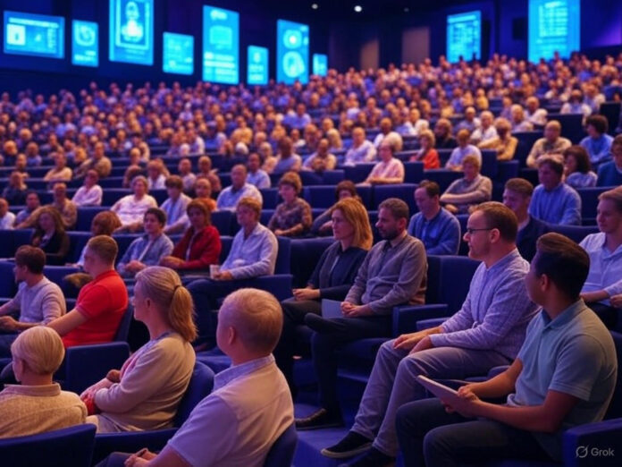 Uma plateia diversificada em um grande auditório moderno, com telas digitais exibindo temas de tecnologia e IA, enquanto palestrantes no palco discutem inovações. O ambiente é vibrante e futurista, com luzes azuis e roxas destacando a atmosfera tecnológica.