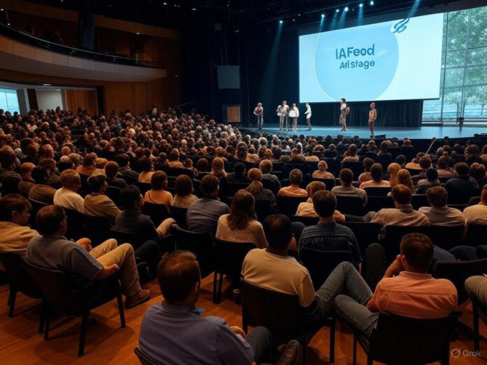 Um auditório moderno e lotado em Boston, com palestrantes no palco apresentando slides sobre startups e investimentos. Fundadores e investidores estão engajados em discussões, enquanto uma tela grande exibe o logo 'IAFeed All Stage'. A atmosfera é dinâmica e inspiradora, com luzes focadas no palco e pessoas interagindo em mesas-redondas.