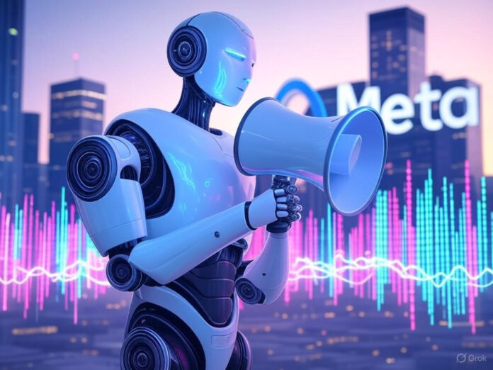 Uma ilustração futurista mostrando um robô com um megafone emitindo ondas de som que se transformam em vozes humanas, com o logotipo da Meta ao fundo. A cena deve transmitir inovação e tecnologia avançada, com cores vibrantes e um design limpo.