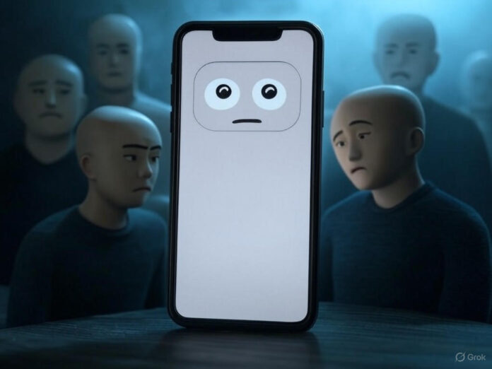Uma imagem centralizada mostrando um chatbot de terapia em um dispositivo móvel, com um fundo nebuloso que representa incerteza e estigma. O chatbot tem uma expressão neutra, enquanto ao redor há silhuetas de pessoas com expressões de preocupação e dúvida, simbolizando a complexidade da saúde mental.