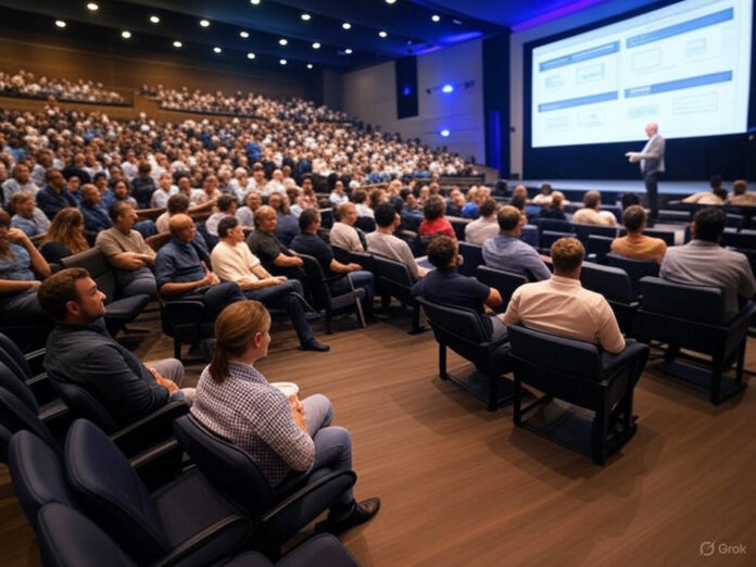Um auditório moderno e bem iluminado, cheio de profissionais de startups e investidores, com um palestrante no palco apresentando slides sobre crescimento de negócios. O ambiente é vibrante, com pessoas interagindo e anotando ideias. O foco central é a energia do evento, destacando a conexão entre os participantes e o conhecimento compartilhado.