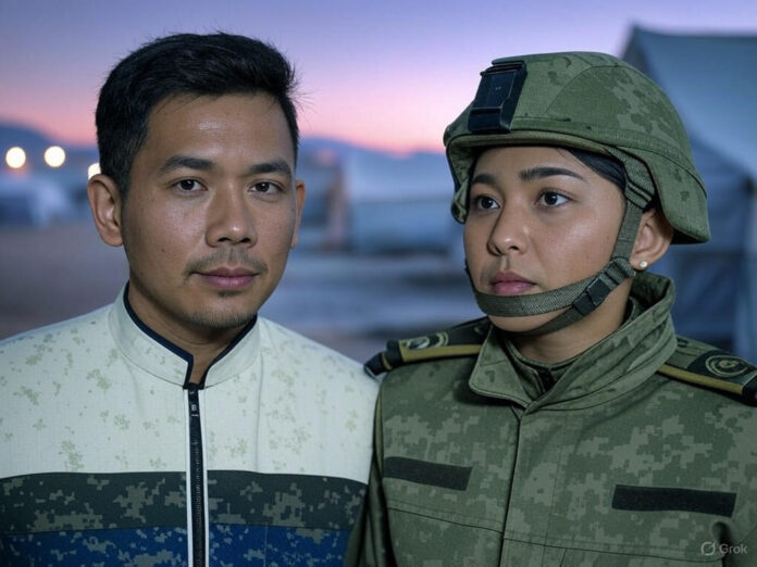 Uma imagem futurista e humanitária, mostrando dois avatares digitais, um homem e uma mulher, representando refugiados e soldados, em um fundo que mistura elementos de tecnologia e cenários de campos de refugiados. Os avatares devem parecer realistas e expressivos, com um visual que transmita empatia e educação. O tema central deve ser a interseção entre IA e questões humanitárias.