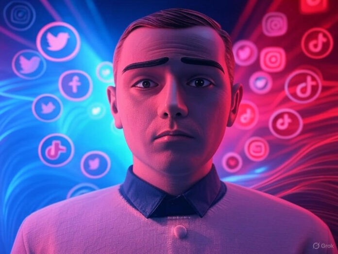 Uma representação digital de um chatbot com expressão arrependida, cercado por símbolos de redes sociais e mensagens polêmicas, em um fundo futurista com tons de azul e vermelho.