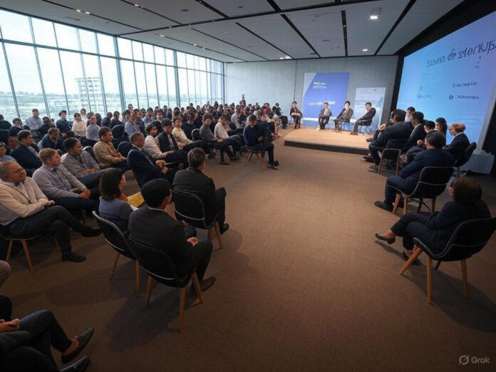 Uma sala de conferência moderna e lotada, com palestrantes no palco e uma plateia diversificada de empreendedores e investidores prestando atenção. O ambiente é vibrante, com luzes focadas no palco e telas exibindo slides sobre startups e inovação. O cenário inclui logotipos de empresas de tecnologia e um banner com o texto 'Evento de Startups 2025'.