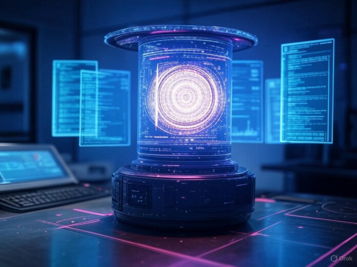 Uma imagem futurista representando um modelo de inteligência artificial em desenvolvimento, com hologramas de códigos e gráficos flutuando ao redor de um núcleo central brilhante. O cenário deve transmitir inovação e tecnologia avançada, com tons de azul e roxo predominantes.