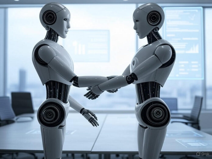 Uma ilustração futurista mostrando dois robôs de IA apertando as mãos em um ambiente de escritório moderno, com gráficos de código flutuando ao fundo, simbolizando a colaboração entre Google e Windsurf no campo da inteligência artificial.